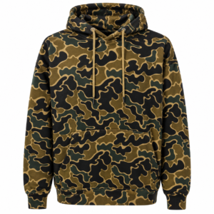Front view of a duck camo pullover hoodie featuring an all-over brown, olive green, and black camouflage print, drawstring hood, kangaroo pocket, ribbed cuffs, and ribbed hem.