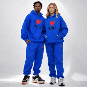 Custom couple tracksuit set with matching hoodie and joggers for Valentine’s Day