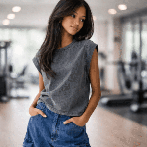 Acid wash muscle tee front view vintage washed sleeveless t shirt gym background