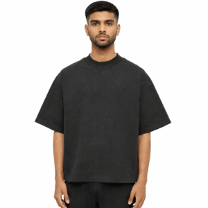 Black mockneck oversized boxy fit t-shirt 300 gsm worn by male model front view