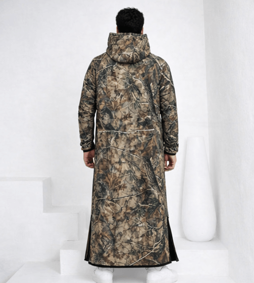 Back view of men’s woodland tree camo long hoodie thobe with full-length fleece design