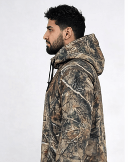 Side profile of men’s tree camouflage long fleece hoodie thobe with hood and winter fabric