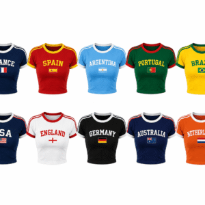 Women's Y2K crop tops available in multiple country-inspired color options including USA, Brazil, France, Spain, England, Germany, Australia, Portugal, Argentina, and Netherlands.