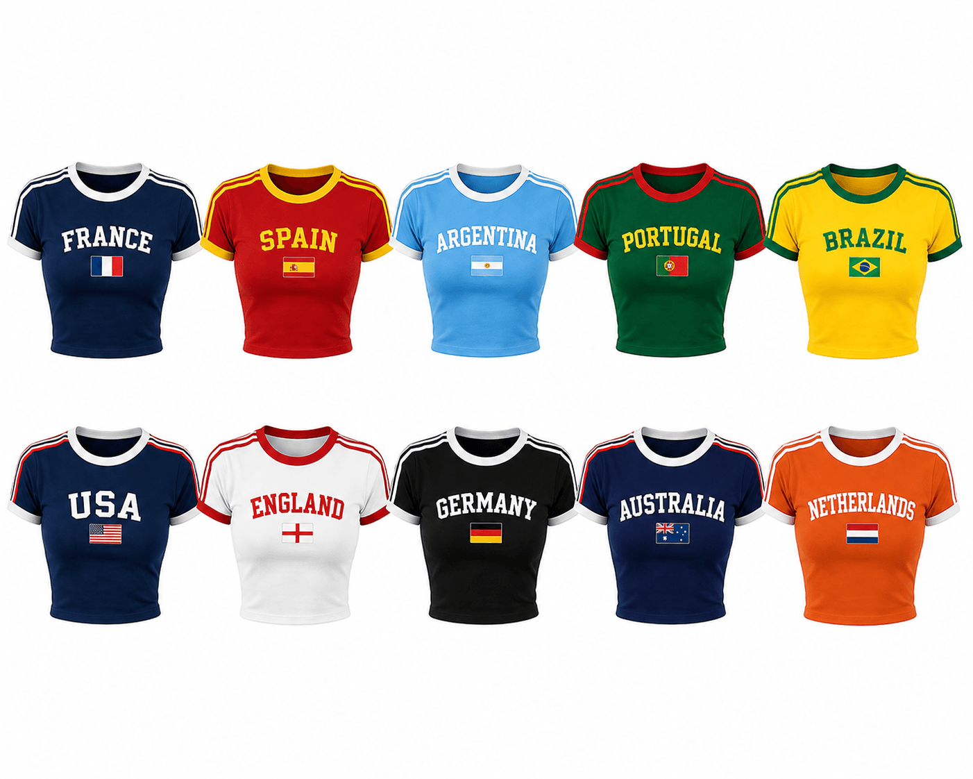 Women's Y2K crop tops available in multiple country-inspired color options including USA, Brazil, France, Spain, England, Germany, Australia, Portugal, Argentina, and Netherlands.