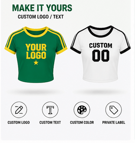 Customizable Y2K crop tops showing custom logo, text, color, and private label options.