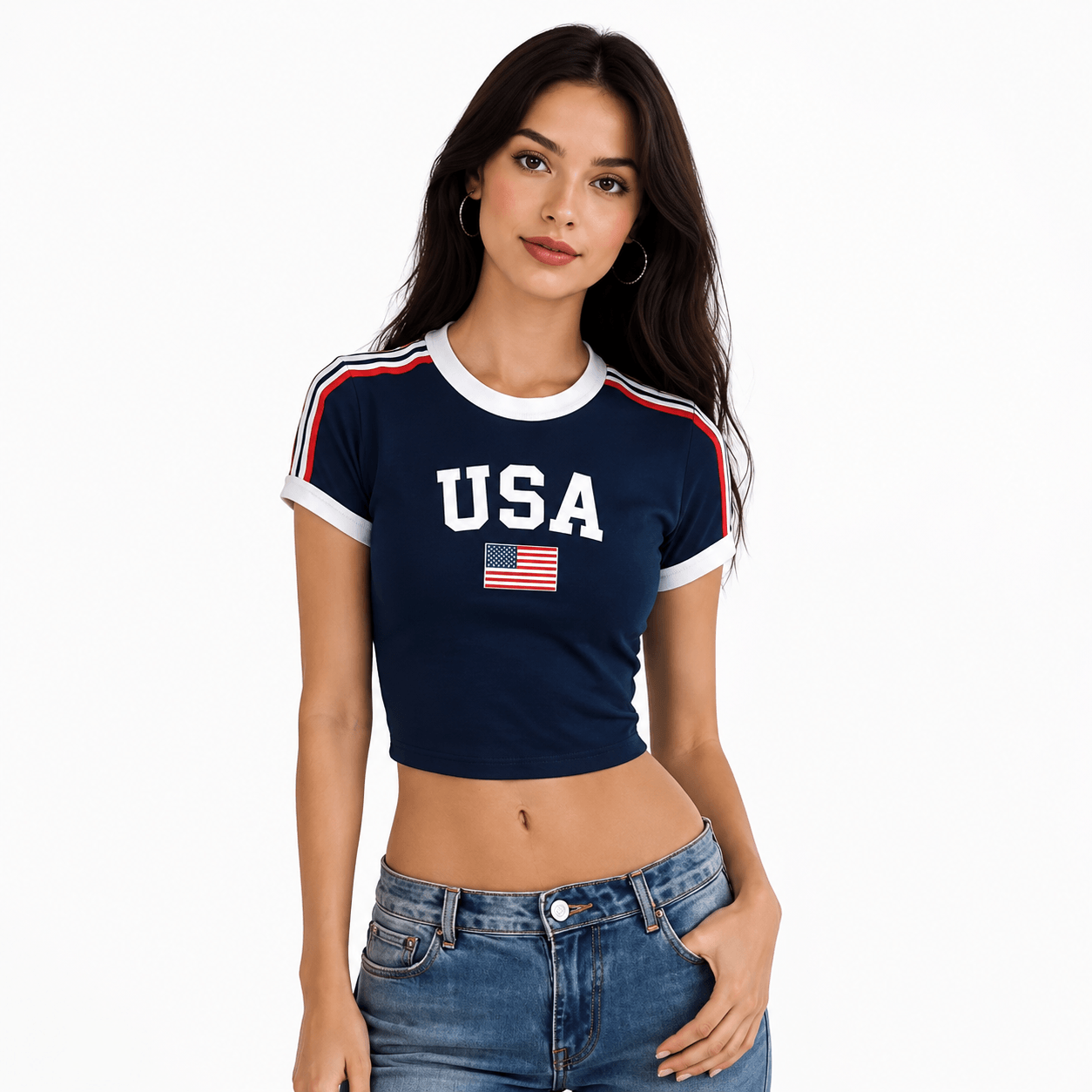Women's navy blue USA graphic Y2K crop top with white trim and flag print worn by a model.
