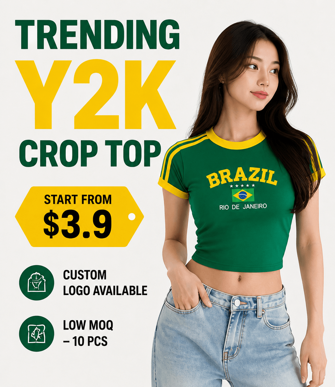 Women's Y2K crop top in Brazil green and yellow design worn by a model, custom logo option, wholesale pricing promotion.