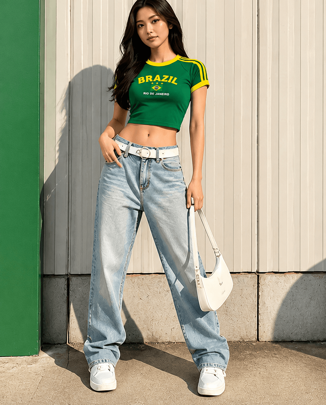 Model wearing a green and yellow Brazil-inspired Y2K crop top with relaxed-fit jeans outdoors.
