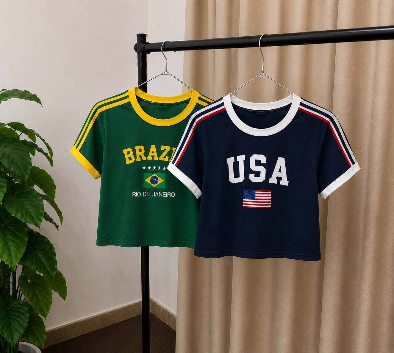 Brazil and USA themed women's Y2K crop tops displayed on clothing hangers.