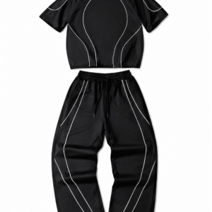 Black oversized techwear tracksuit with reflective piping displayed on white background