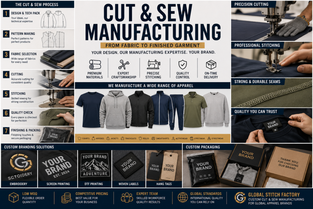Cut and sew apparel manufacturing process including fabric cutting, sewing, garment assembly, finishing, and quality control