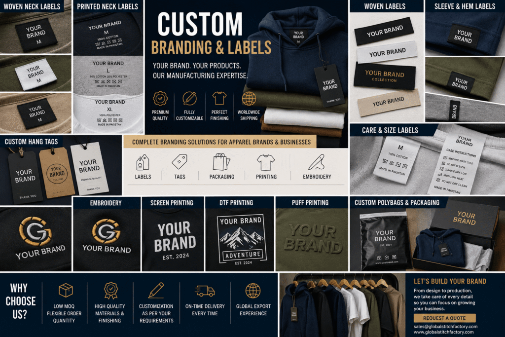 Custom branding and labels for apparel including woven labels, hang tags, embroidery, printing and branded packaging