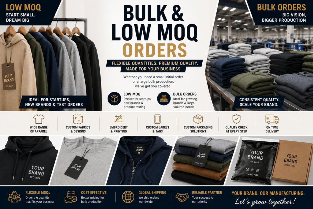 Bulk and low MOQ apparel manufacturing for private label brands, startups, and growing businesses
