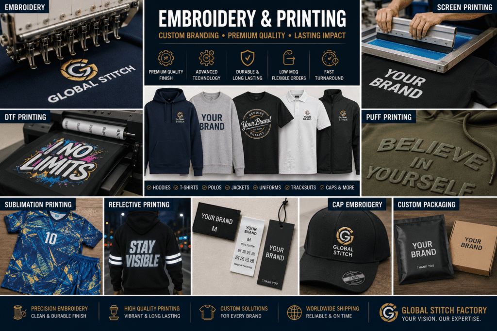 Custom embroidery and printing services for branded apparel, including screen printing, DTF, puff, reflective and sublimation printing