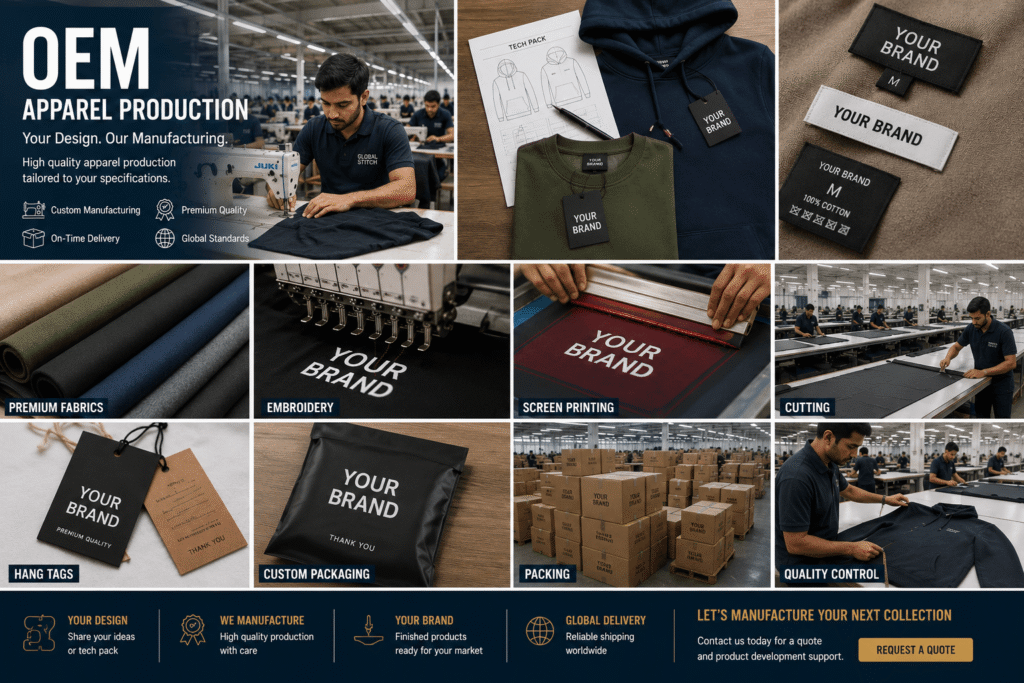 OEM apparel production and clothing manufacturing process with custom branding, fabric, embroidery, printing, cutting, packaging, and quality control