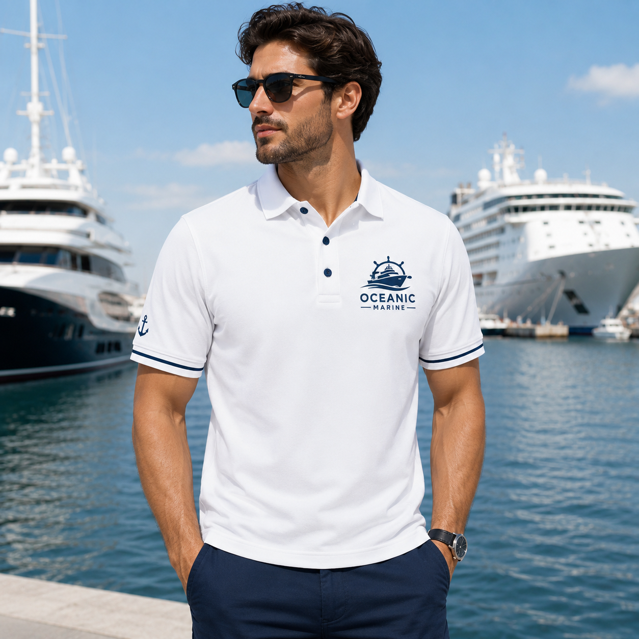 White custom maritime crew polo shirt with chest logo near boats