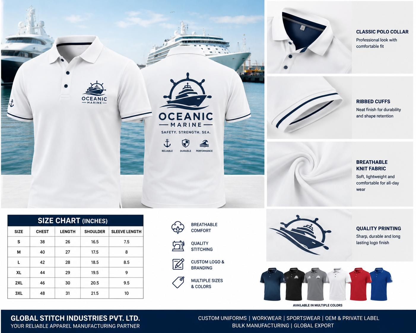Boat and ship crew uniform polo shown from front and back