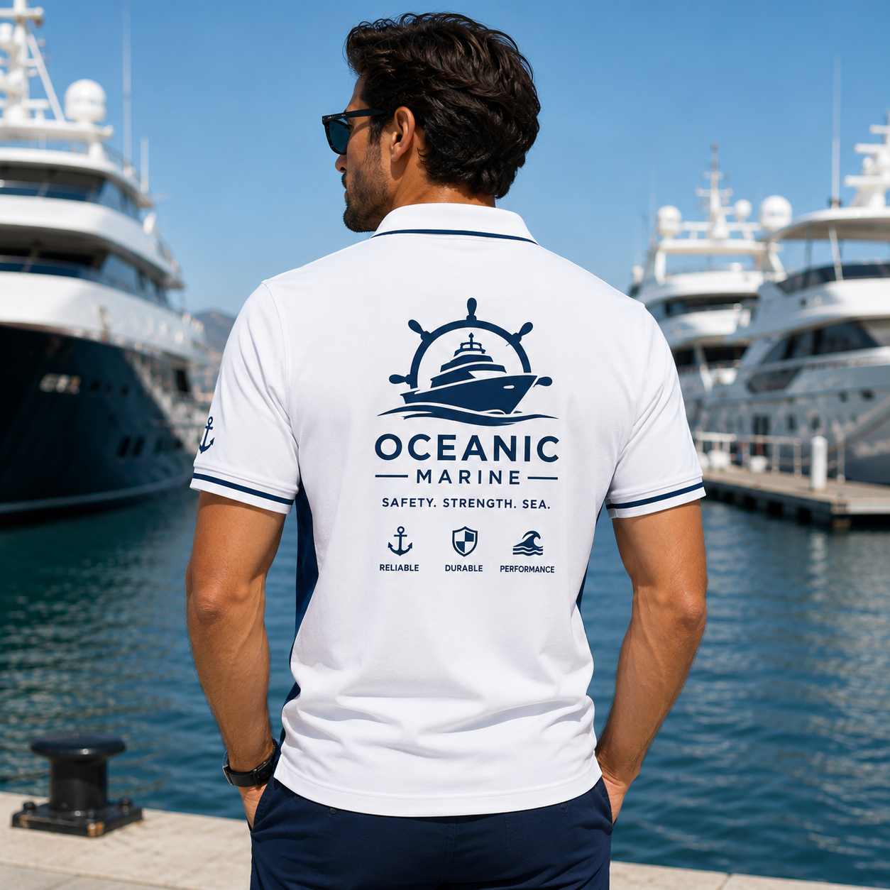 Custom maritime crew shirt back view with large nautical boat branding