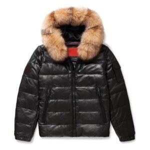 Custom puffer jacket in black with faux fur hood and quilted front