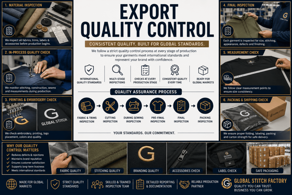Export quality control process for apparel manufacturing including fabric inspection, stitching, measurements, branding, final inspection, and packaging