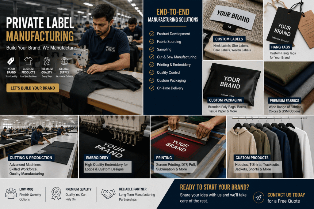 Private label clothing manufacturing with custom labels, packaging, embroidery, printing, and apparel production