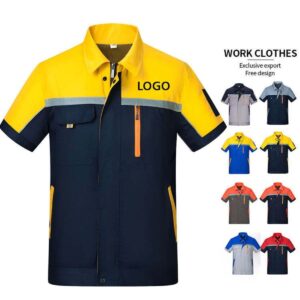 Custom workwear shirt in navy and orange with multiple pockets and contrast detailing