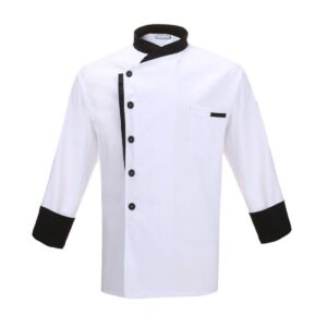 Custom chef jacket in white with black trim and button closure