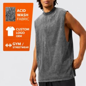 Custom muscle tee tank top in dark grey acid wash front view