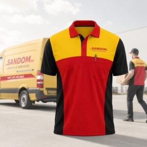 Custom logistics polo shirt with front and back views and S to 5XL size chart