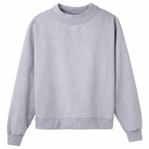 Grey mock neck sweatshirt with a ribbed high collar, long sleeves, ribbed cuffs, and matching ribbed hem on a white background.