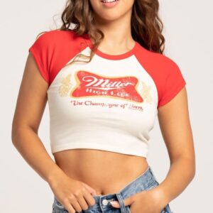 Custom baby tee in red and white with cropped raglan ringer design