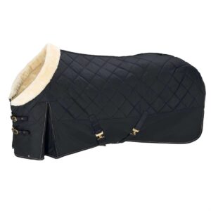 Custom horse rug in black with diamond quilting soft contrasting collar and adjustable straps