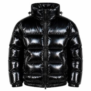Men's shiny puffer jacket in glossy black with quilted padding high collar and front zipper