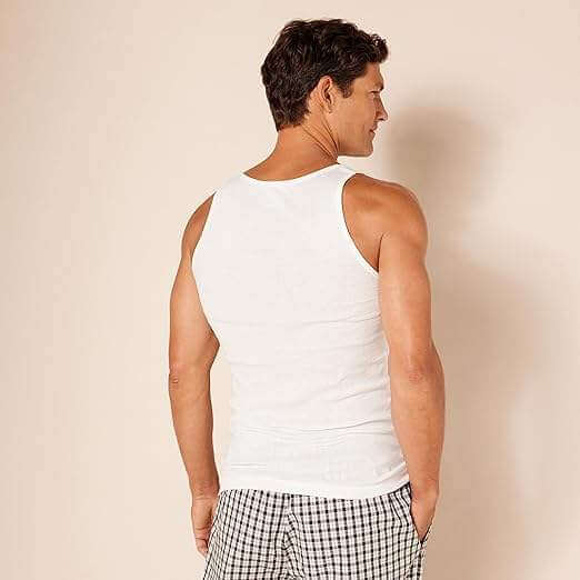 Back view of a white men's sleeveless undershirt showing the racer-style shoulder opening and smooth body fit.