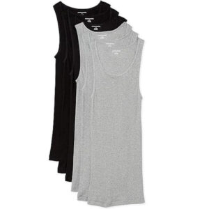 Multiple men's sleeveless undershirts in black and heather grey arranged together to showcase basic innerwear color options.