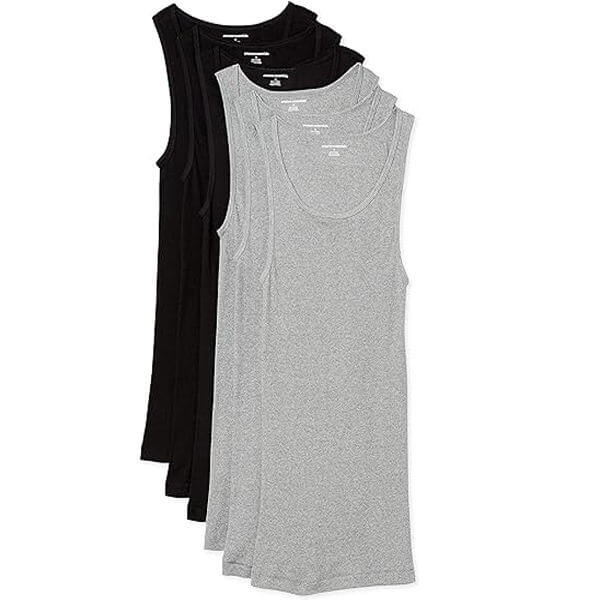 Multiple men's sleeveless undershirts in black and heather grey arranged together to showcase basic innerwear color options.
