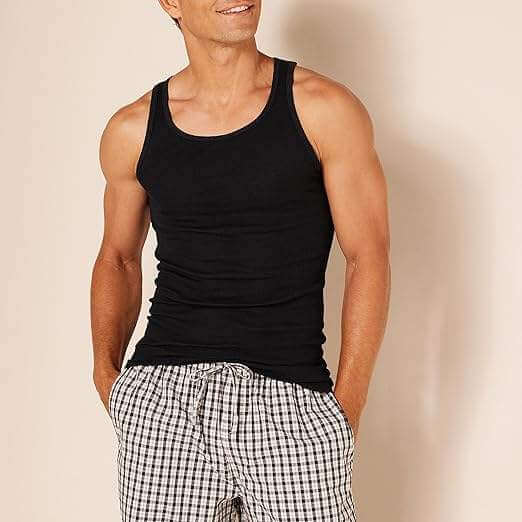 Men's black sleeveless undershirt with a classic round neckline and fitted silhouette.