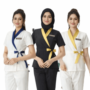 Women's spa salon uniforms featuring wrap-style tunics, matching trousers, waist ties, and contrasting collars in white with navy, white with gold, and black with gold.