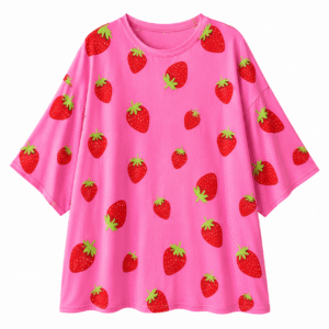 Pink strawberry print women's MooMoo sleep dress with oversized fit manufactured by Global Stitch Factory