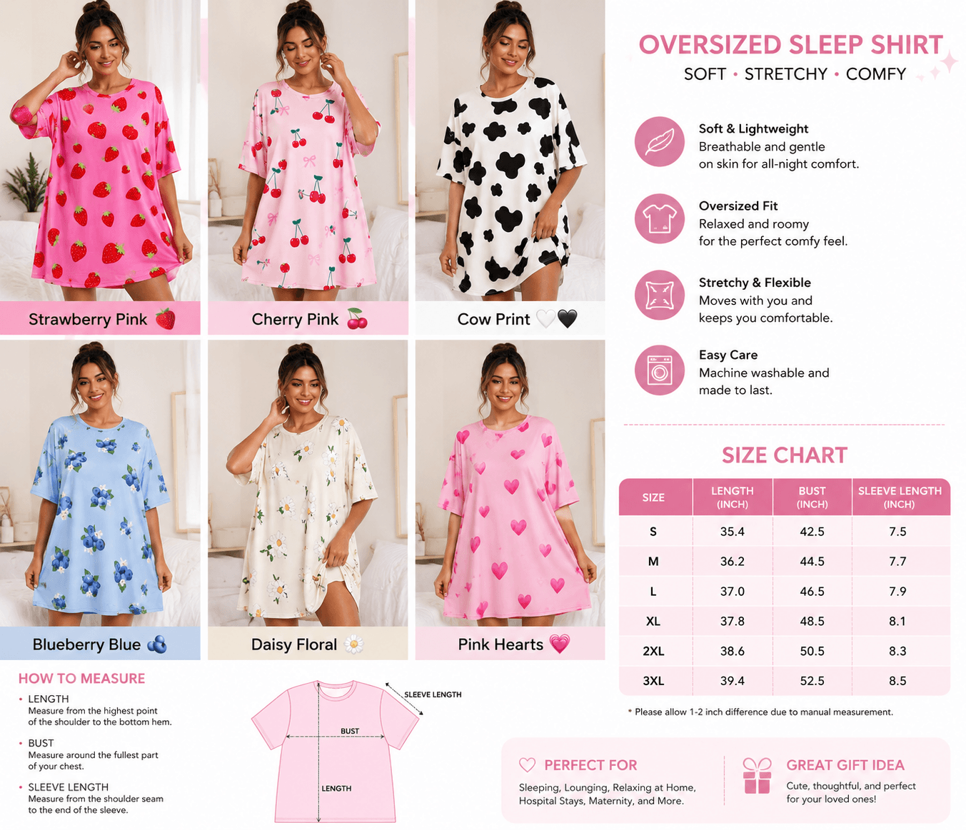 Women's oversized MooMoo sleep dress collection with strawberry, cherry, cow, blueberry, floral, and heart prints